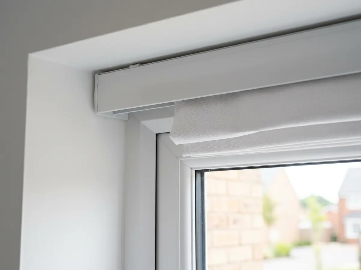 Close-up detail of a new-build window frame with fresh blind installation, clean white headrail and folded fabric edge