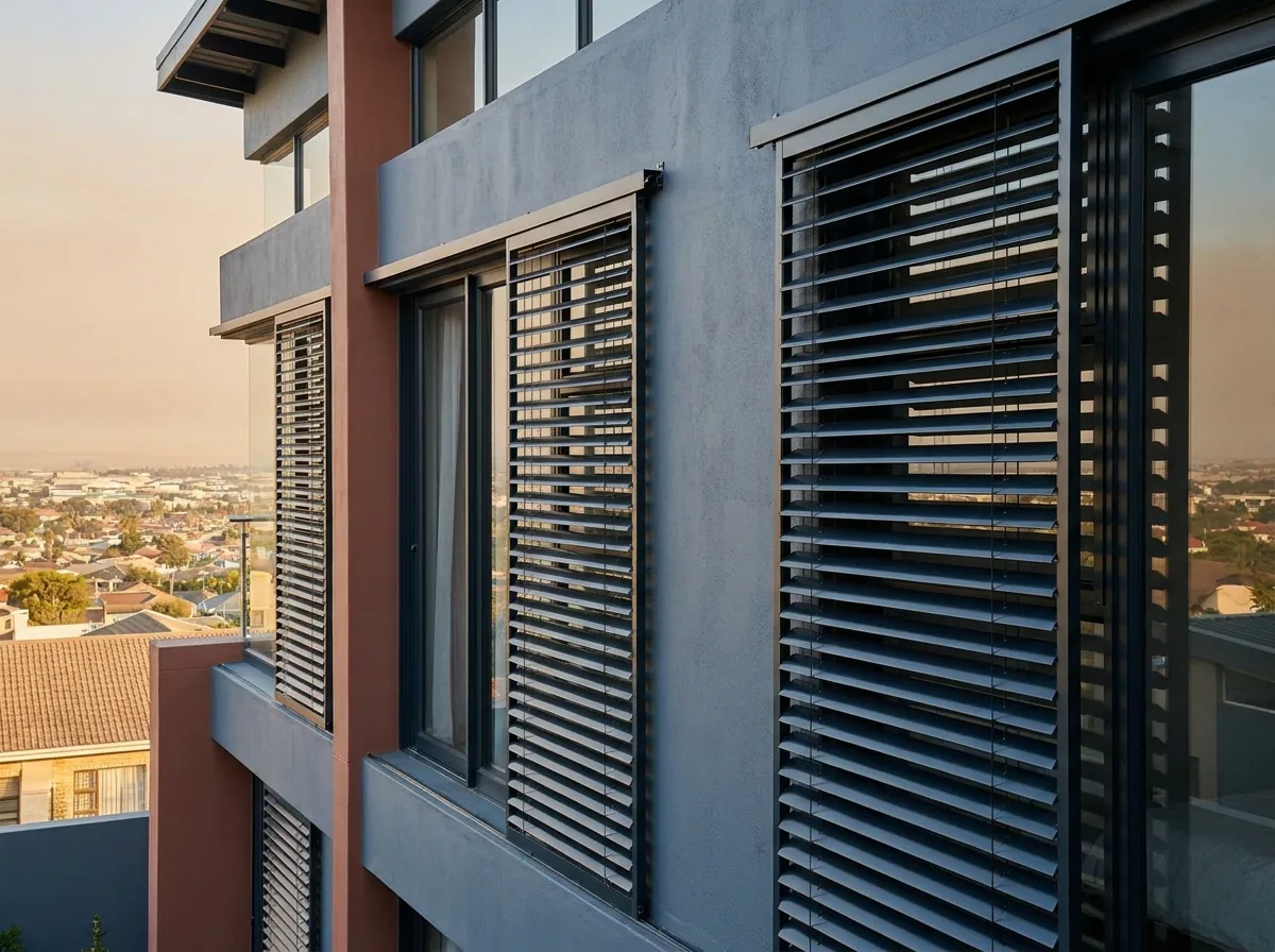 External aluminium venetian blinds mounted outside the glass on a contemporary double-storey Welgemoed facade, horizontal metal slats tilted to cut the low west afternoon sun, the elevated Cape Flats view hazy behind