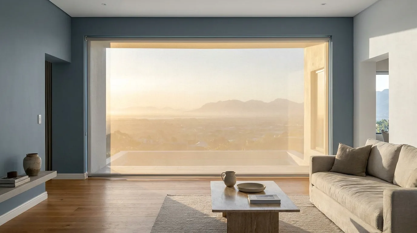 A large Welgemoed living room on the Tygerberg slope in late-afternoon light, a single smooth flat sunscreen roller blind part-lowered over floor-to-ceiling glass looking out over the Cape Flats toward distant mountains