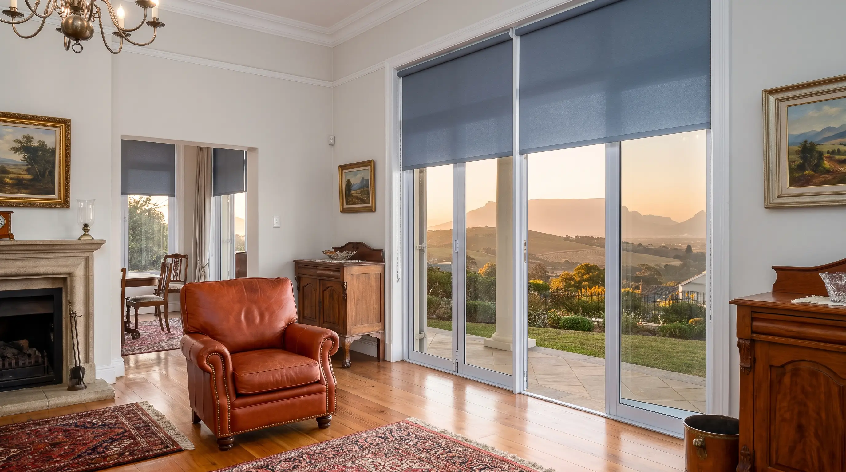 Northern-manor style home exterior in Welgemoed, Cape Town, with motorised blinds
