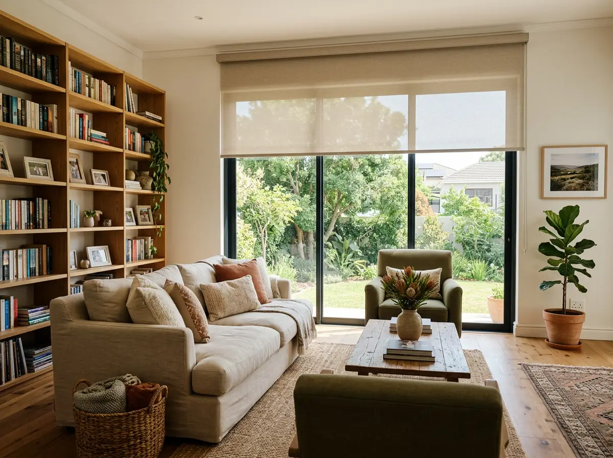 Family living room in a Durbanville home fitted with a roller blind, warm neutral palette