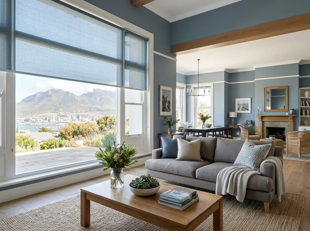Open-plan living room in a Welgemoed manor home fitted with a wide sunscreen roller blind, slate blue-grey palette